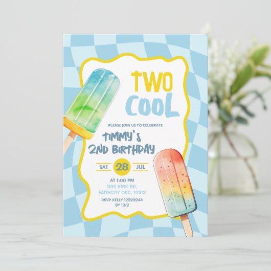 Blue Two Cool Popsicle Summer Boy Birthday Einladung (Stehend Vorderseite)