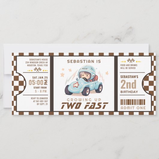 Blue Two Fast Race Car Ticket Pass Zweiten Geburts Einladung (Vorderseite)