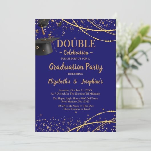 Blue Two Graduates Double Graduation Party 2025 Einladung (Stehend Vorderseite)