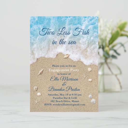 Blue Two Less Fish in Sea Engagement Party Einladung (Stehend Vorderseite)