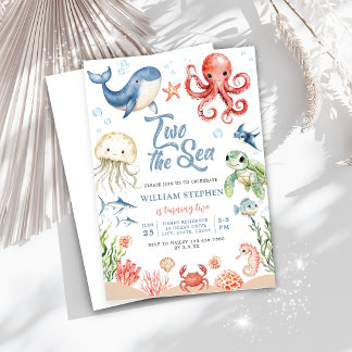 Blue Two The Sea Ocean Animals 2nd Birthday Einladung