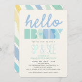 Blue Typografy Hello Baby Boy Sip & See Design Einladung (Vorne/Hinten)