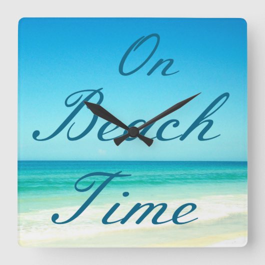 Blue Typografy Ocean Beach Wall Clock Quadratische Wanduhr (Vorderseite)