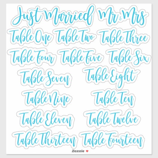 Blue Typography Just Married, Mr & Mrs and Table Aufkleber (Blatt)