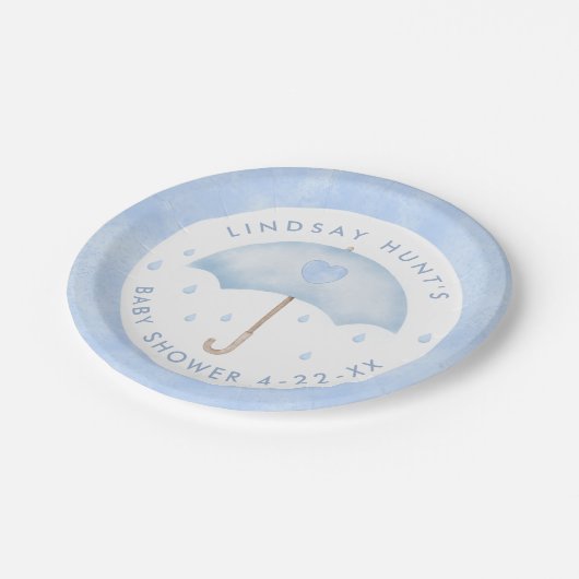 Blue Umbrella Baby Dusche Pappteller (Schrägansicht)