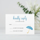 Blue Umbrella Baby Dusche UAWG Response RSVP Karte (Stehend Vorderseite)