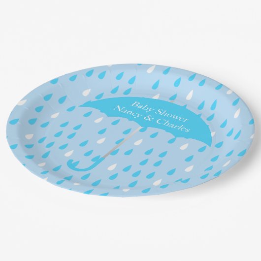 Blue Umbrella Baby Shower Plate Pappteller (Schrägansicht)