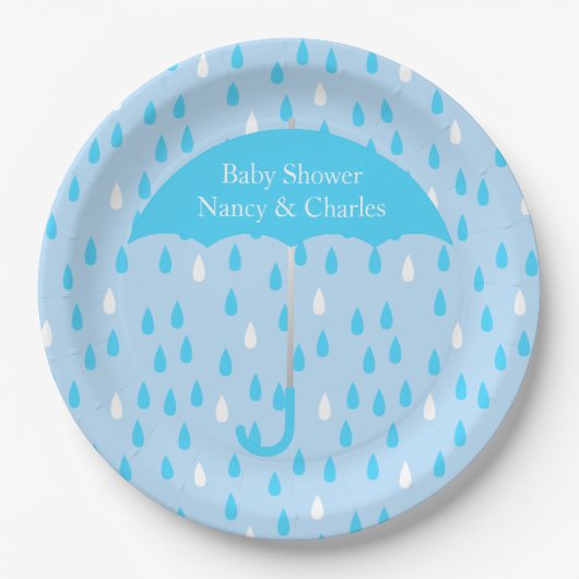 Blue Umbrella Baby Shower Plate Pappteller (Vorderseite)