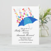 Blue Umbrella Boy Baby Shower Einladungen (Stehend Vorderseite)