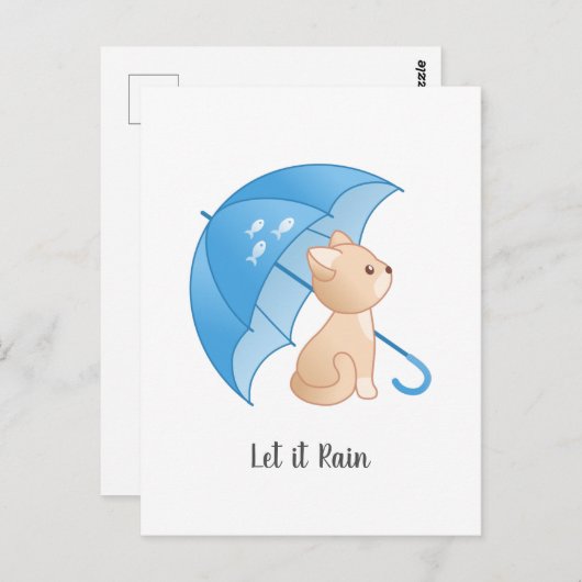 Blue Umbrella Cat Ließ es Rain Postcard Postkarte (Vorne/Hinten)