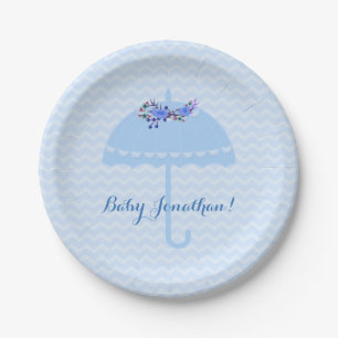 Blue Umbrella Chevrons Baby Shower Paper Plate Pappteller