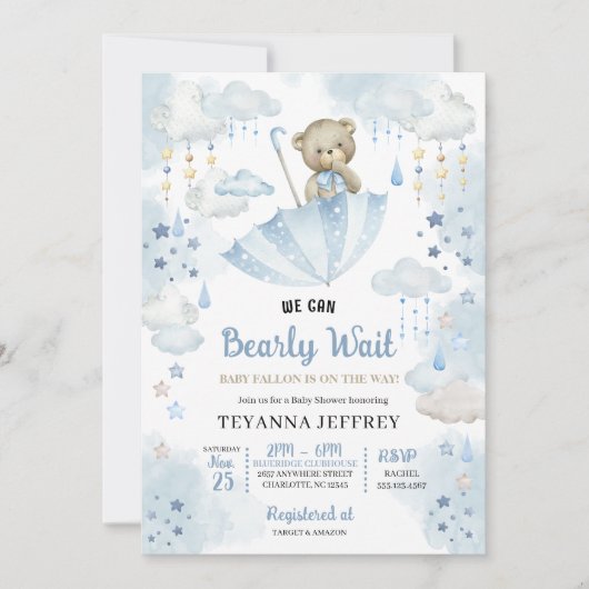 Blue Umbrella Teddy Bear Baby Sprinkle Baby Dusche Einladung (Vorderseite)