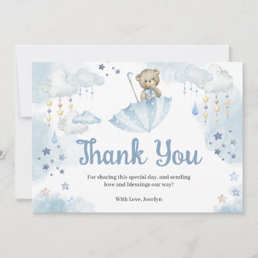 Blue Umbrella Teddy Bear Baby Sprinkle Dankeskarte (Vorderseite)