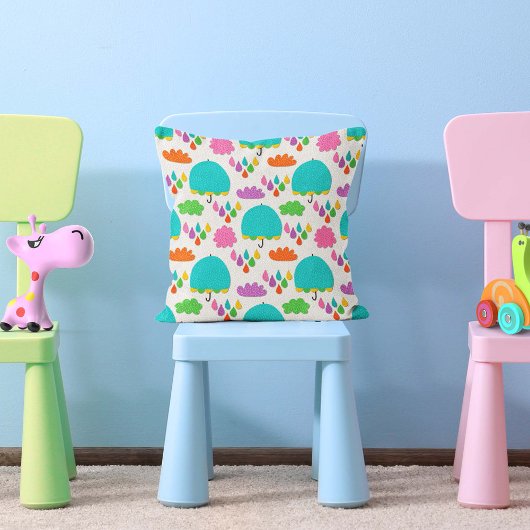 Blue Umbrellas with Clouds and Raindrops Kissen