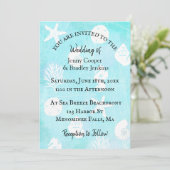 Blue und Aquamarine Seashell Wedding Einladung (Stehend Vorderseite)