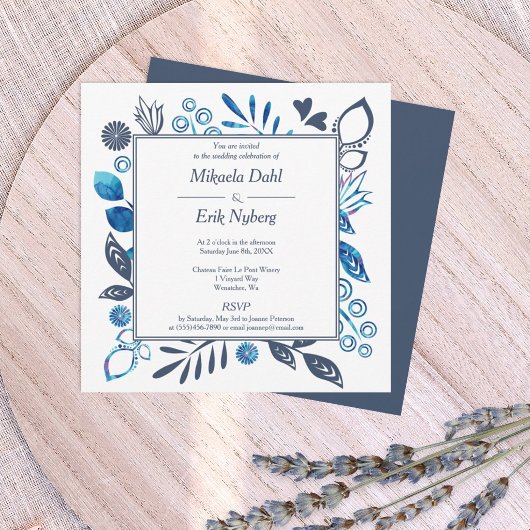 Blue und Blue Gray Blätter Blume Border Wedding Einladung