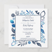 Blue und Blue Gray Blätter Blume Border Wedding Einladung (Vorderseite)