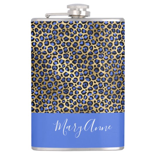 Blue und Gold Cheetah Print Monogram Flachmann (Vorderseite)