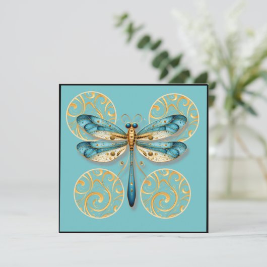 Blue und Gold Dragonfly mit Grenzen Einladung (Stehend Vorderseite)