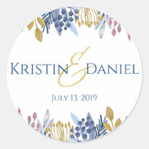 Blue und Gold Floral Round Sticker