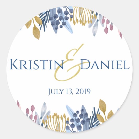Blue und Gold Floral Round Sticker (Vorderseite)