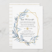 Blue und Gold Geometric Eucalyptus Bat Mitzvah Einladung (Vorne/Hinten)