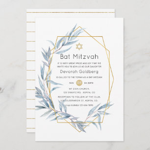 Blue und Gold Geometric Eucalyptus Bat Mitzvah Einladung