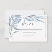 Blue und Gold Geometric Eucalyptus Blätter Wedding RSVP Karte (Vorderseite)