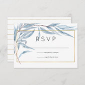 Blue und Gold Geometric Eucalyptus Blätter Wedding RSVP Karte (Vorne/Hinten)