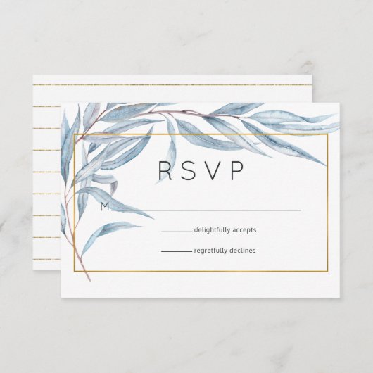 Blue und Gold Geometric Eucalyptus Blätter Wedding RSVP Karte (Vorne/Hinten)