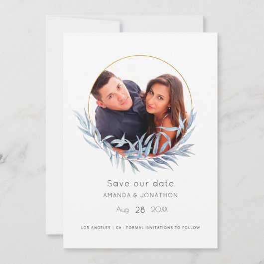 Blue und Gold Geometric Eukalyptus Leaf Wedding Save The Date (Vorderseite)