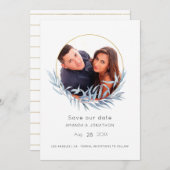 Blue und Gold Geometric Eukalyptus Leaf Wedding Save The Date (Vorne/Hinten)