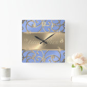 Blue und Gold Time Flock Quadratische Wanduhr (Zuhause)