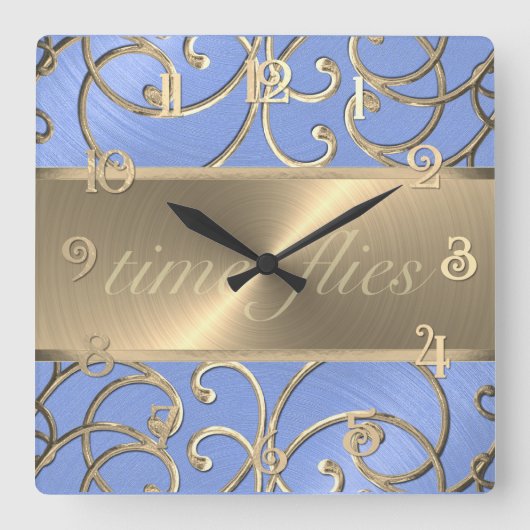 Blue und Gold Time Flock Quadratische Wanduhr (Vorderseite)