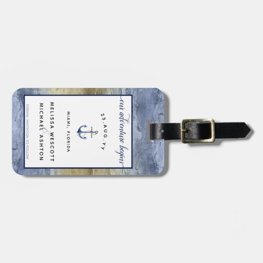 Blue und Gold Wedding speichern das Datum Gepäckanhänger (Vorderseite horizontal)