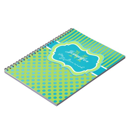 Blue und Green Polka Dot Striping Journal-Notebook Notizblock (Linke Seite)