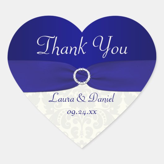 Blue und Ivory Damask Heart Shaped Wedding Sticker (Vorderseite)