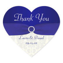 Blue und Ivory Damask Heart Shaped Wedding Sticker