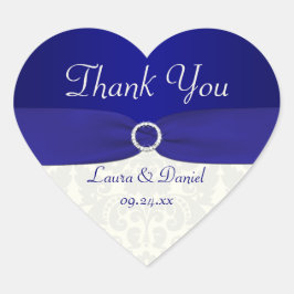 Blue und Ivory Damask Heart Shaped Wedding Sticker