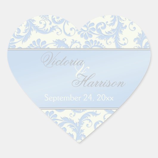 Blue und Ivory Damask Heart Shaped Wedding Sticker (Vorderseite)
