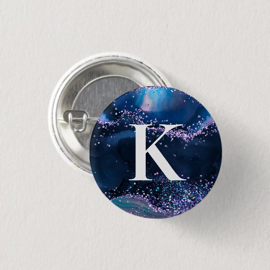 Blue und Lilac Glitzer Agate Pattern Initial Button (Vorne & Hinten)