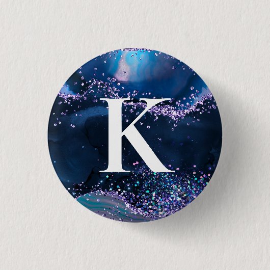 Blue und Lilac Glitzer Agate Pattern Initial Button (Vorderseite)