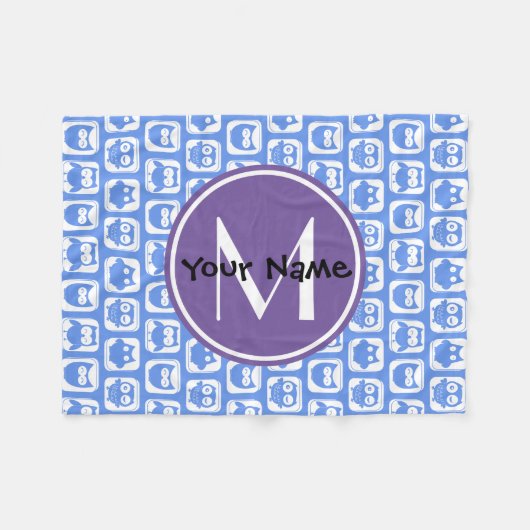 Blue und Lilac Owl Custom Monogram Personalisiert Fleecedecke (Vorderseite (Horizontal))