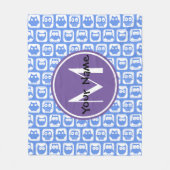 Blue und Lilac Owl Custom Monogram Personalisiert Fleecedecke (Vorderseite)
