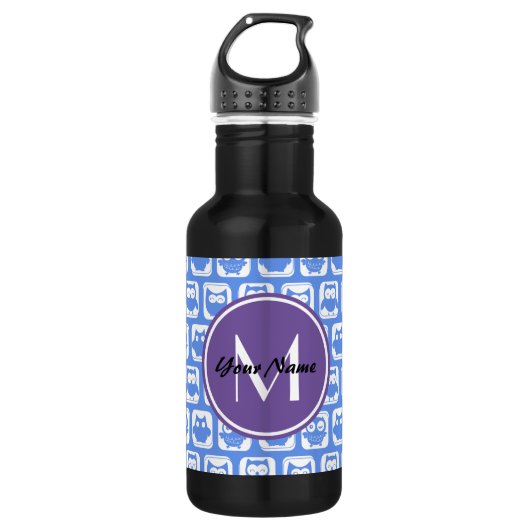 Blue und Lilac Owl Custom Monogram Personalisiert Trinkflasche (Vorderseite)