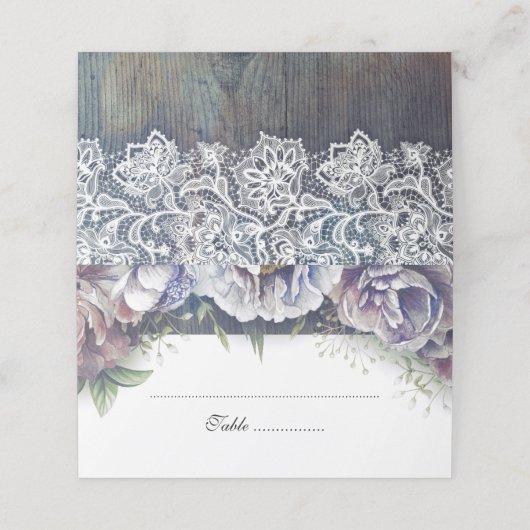 Blue und Maroon Rustic Floral Wedding Platzkarte (Außenseite Aufgefaltet)