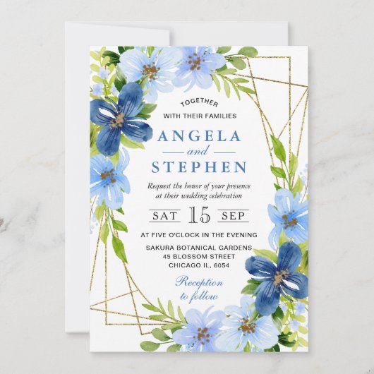 Blue und Navy Blume Gold Frame Wedding Einladung (Vorderseite)