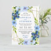 Blue und Navy Blume Gold Frame Wedding Einladung (Stehend Vorderseite)