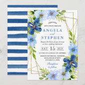 Blue und Navy Blume Gold Frame Wedding Einladung (Vorne/Hinten)