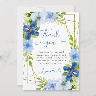 Blue und Navy Blume Gold Rahmen Geburtstag Dankeskarte